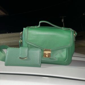 Green leather bag with matching wallet